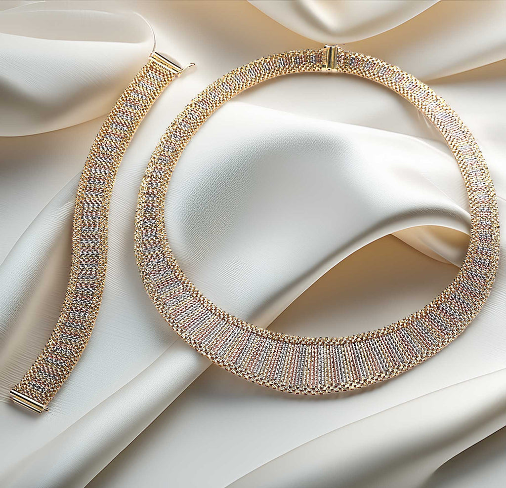 Mesh Design Gold Set 2’li Kombin Collar Necklace Bracelet