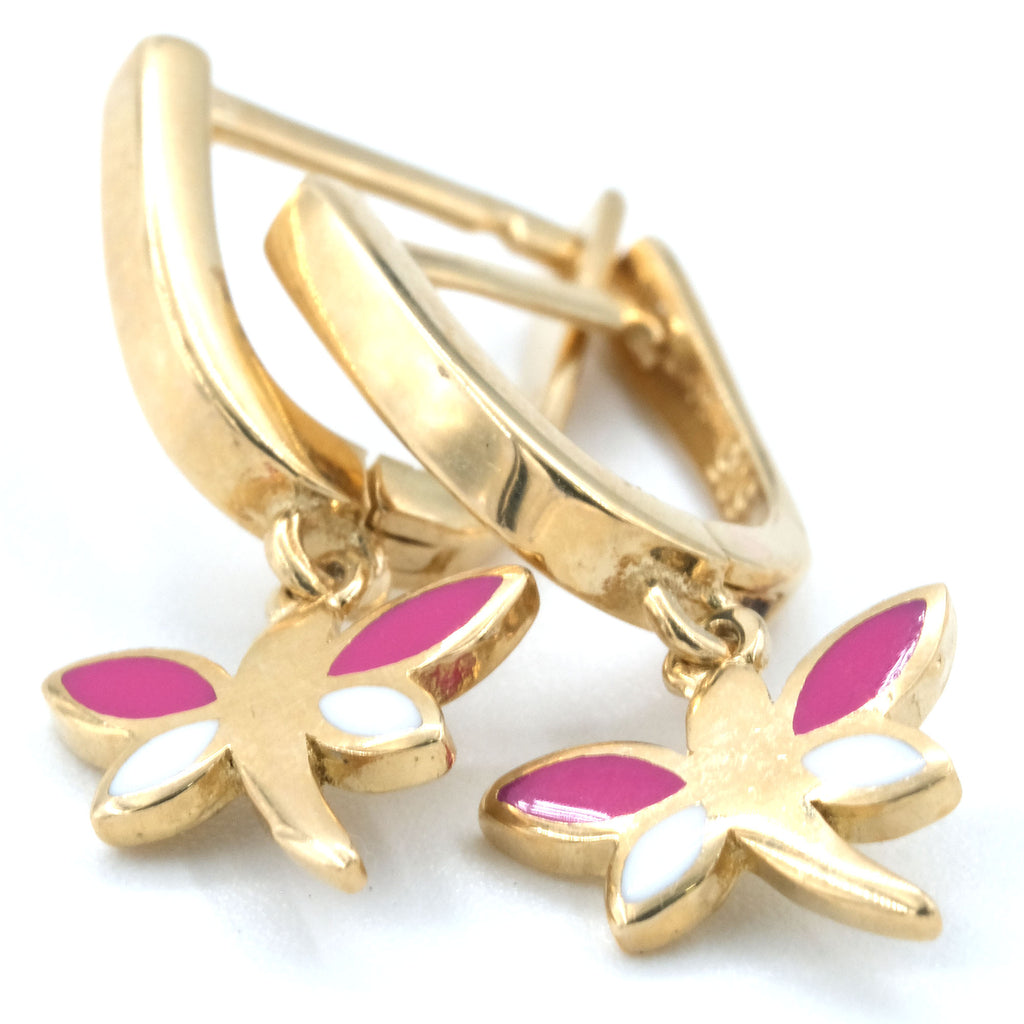 14 K Gold Kids' Earrings Pink Butterfly Figured