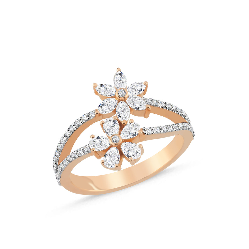 14 K Diamond Ring Double Flower Altı Leaf