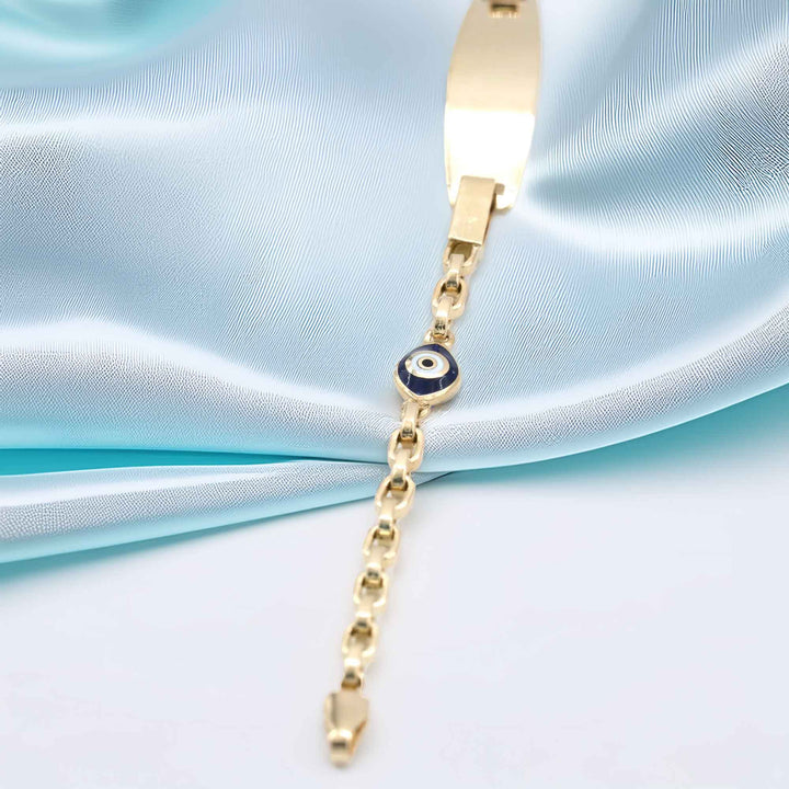 14 Ayar Altın 2,10 Gr Çocuk Bilekliği – Lacivert Nazar Boncuklu, İsim Yazılabilir Plakalı, Sertifikalı - Güzelse Çizgidendir