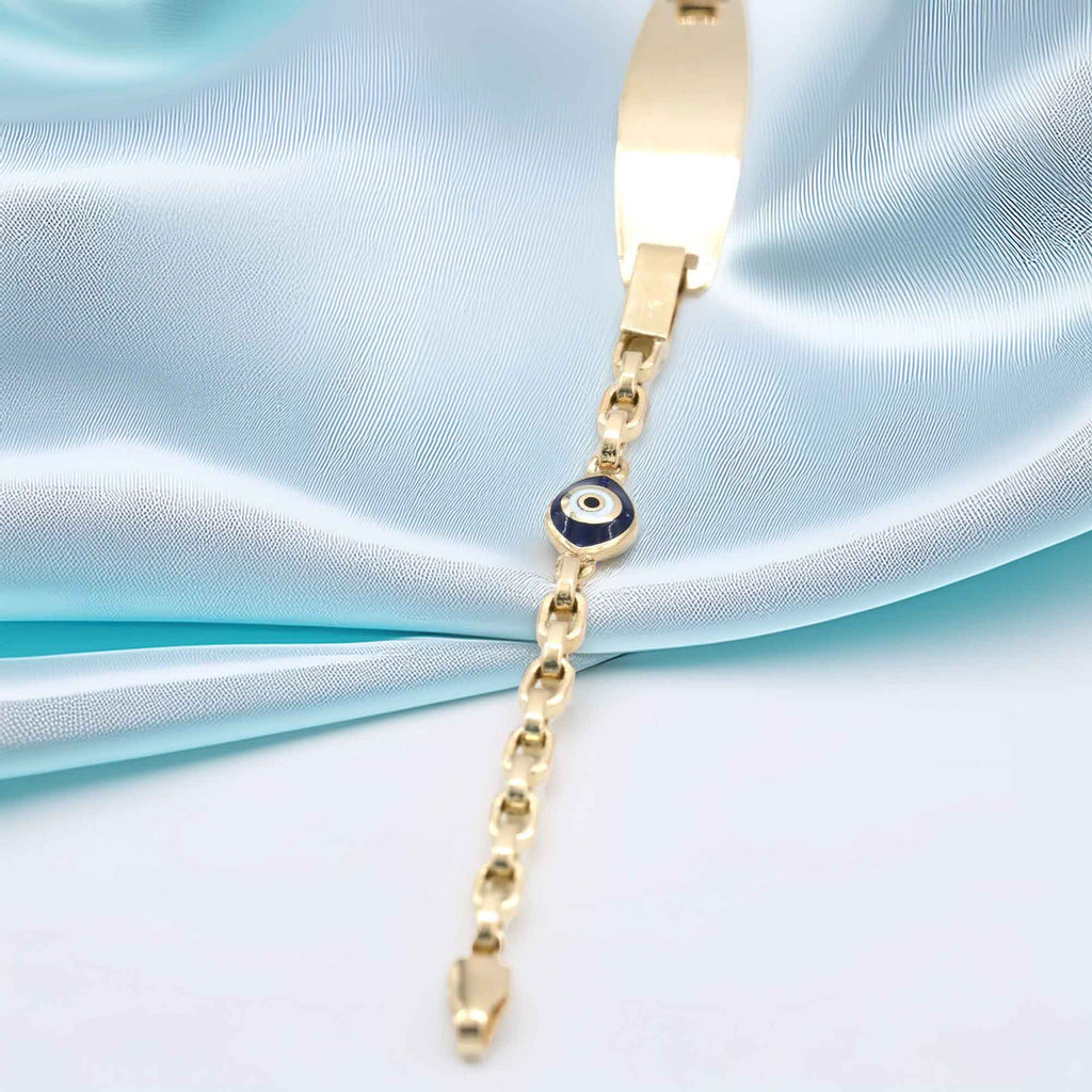 14 K Gold 2 g Kids' Bracelet Navy Evil Eyelu, Name Plaque, Certified