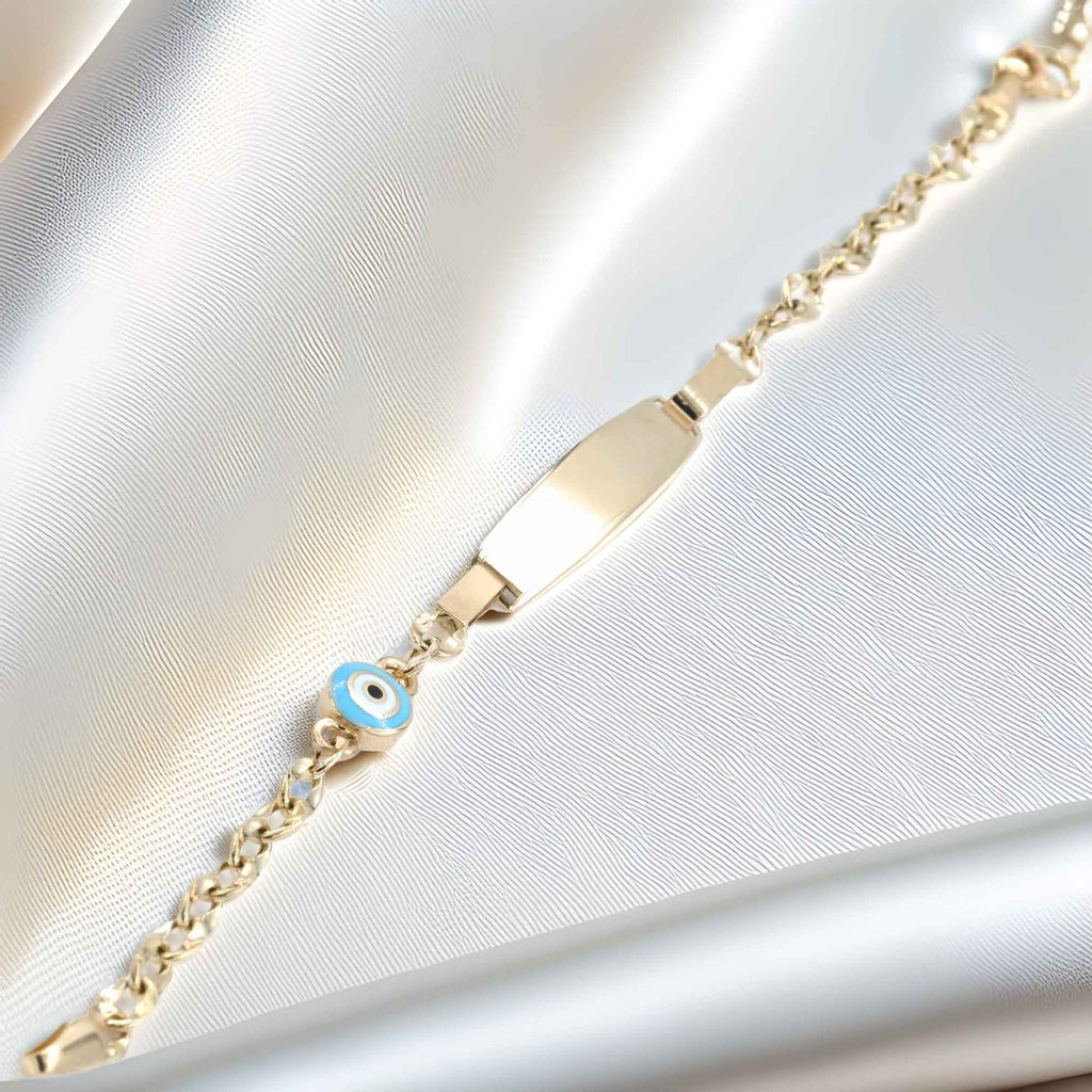14 K Gold 2,60 g Kids' Bracelet Evil Eyelu, Name Plaque, Certified